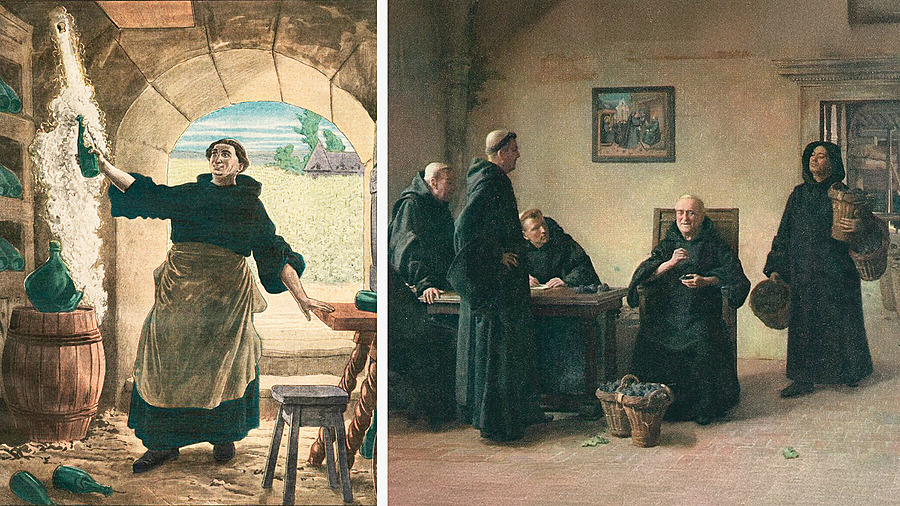 Дом Пьер Периньон с шампанским и виноградом; Монахи Шампани