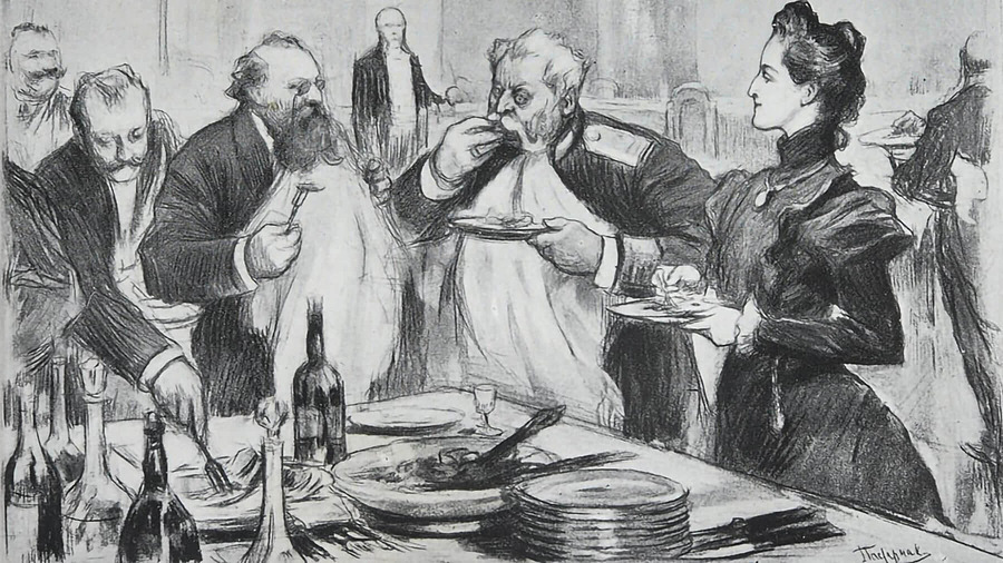 Закусочный стол, художник Л.О. Пастернак. Иллюстрация к роману Л.Н. Толстого «Воскресение». 1899 год