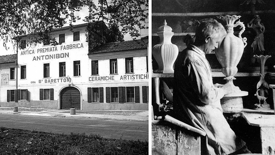 Историческое здание итальянской фабрики керамики Antonibon в городе Нове, Ремесленник работающий над сложной керамической вазой в мастерской
