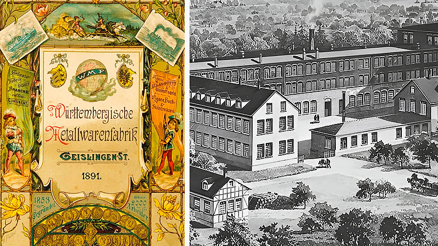 Обложка каталога компании Württembergische Metallwarenfabrik 1891 года, Фабрика WMF в Гайслингене, 1880 г.