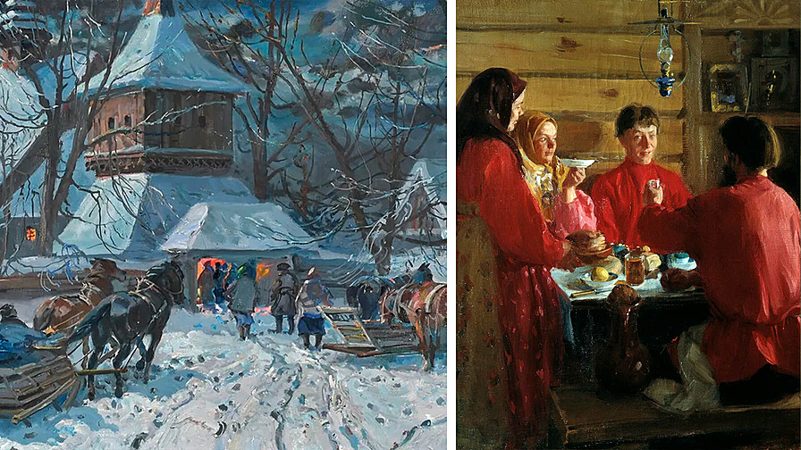 Люди спешат на рождественскую службу, «В крестьянской избе» И. С. Куликов