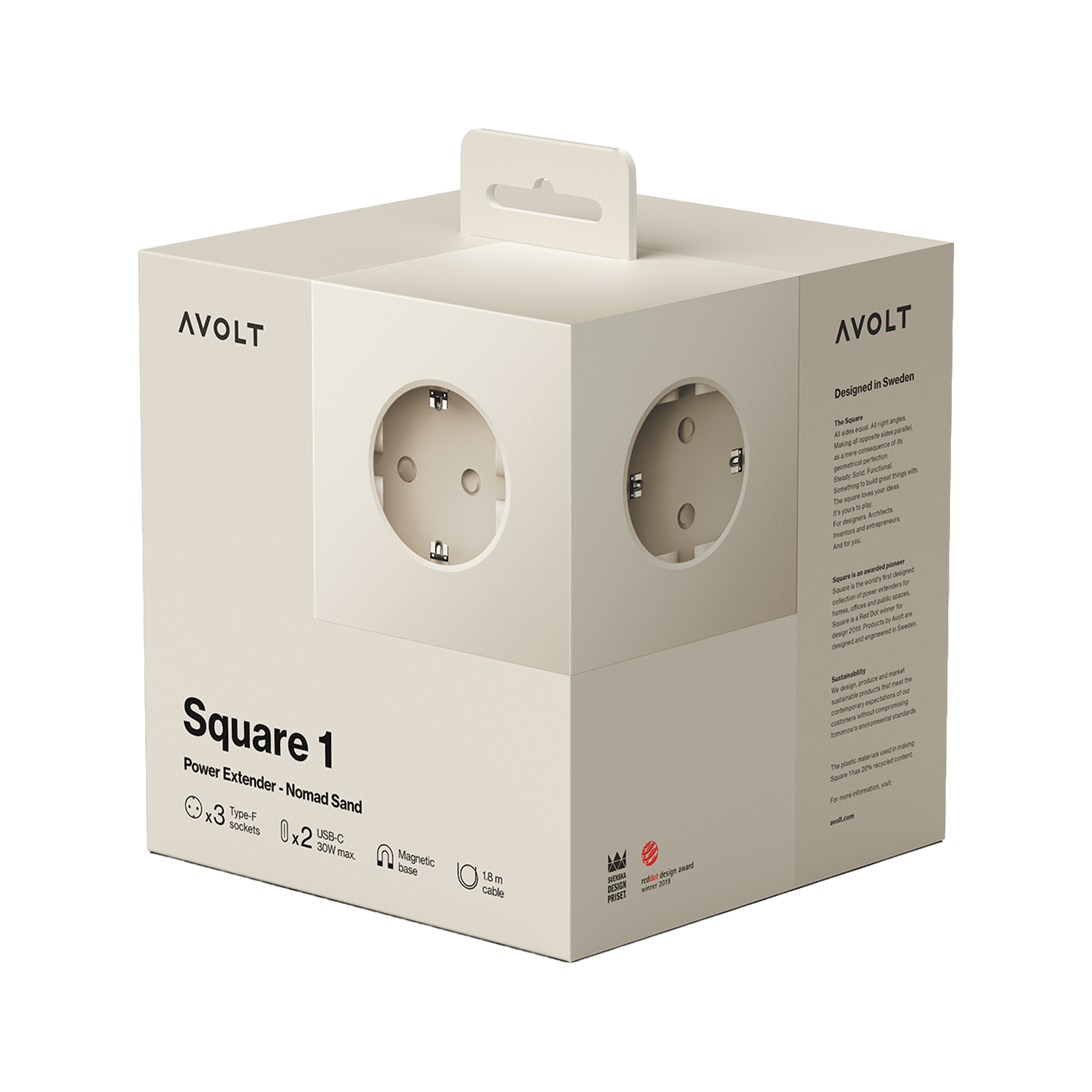 Удлинитель Square One с USB-C и 3 розетками, 1,8 м