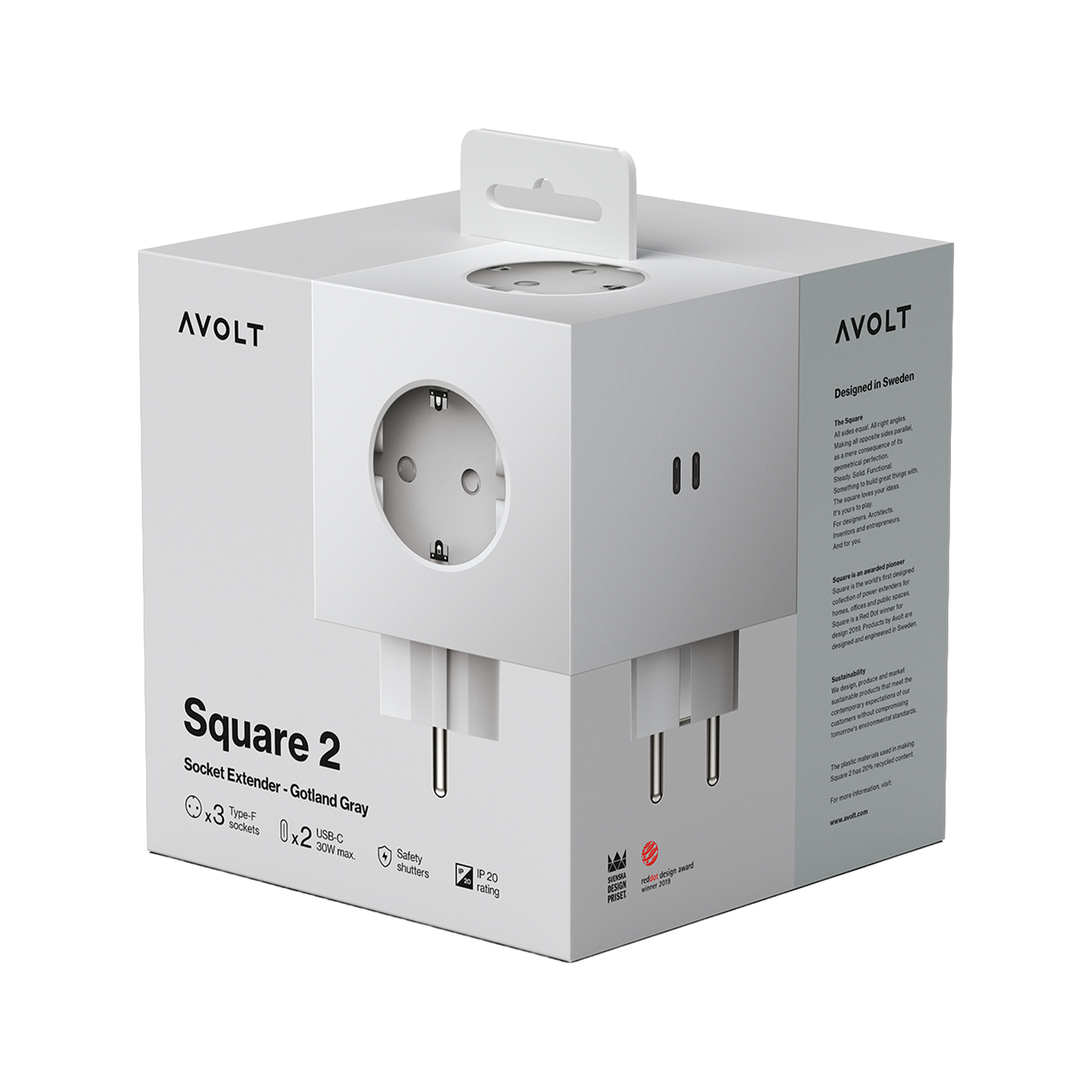 Разветвитель Square Two с USB-C и 3 розетками, 7,5х7,5 см от Avolt