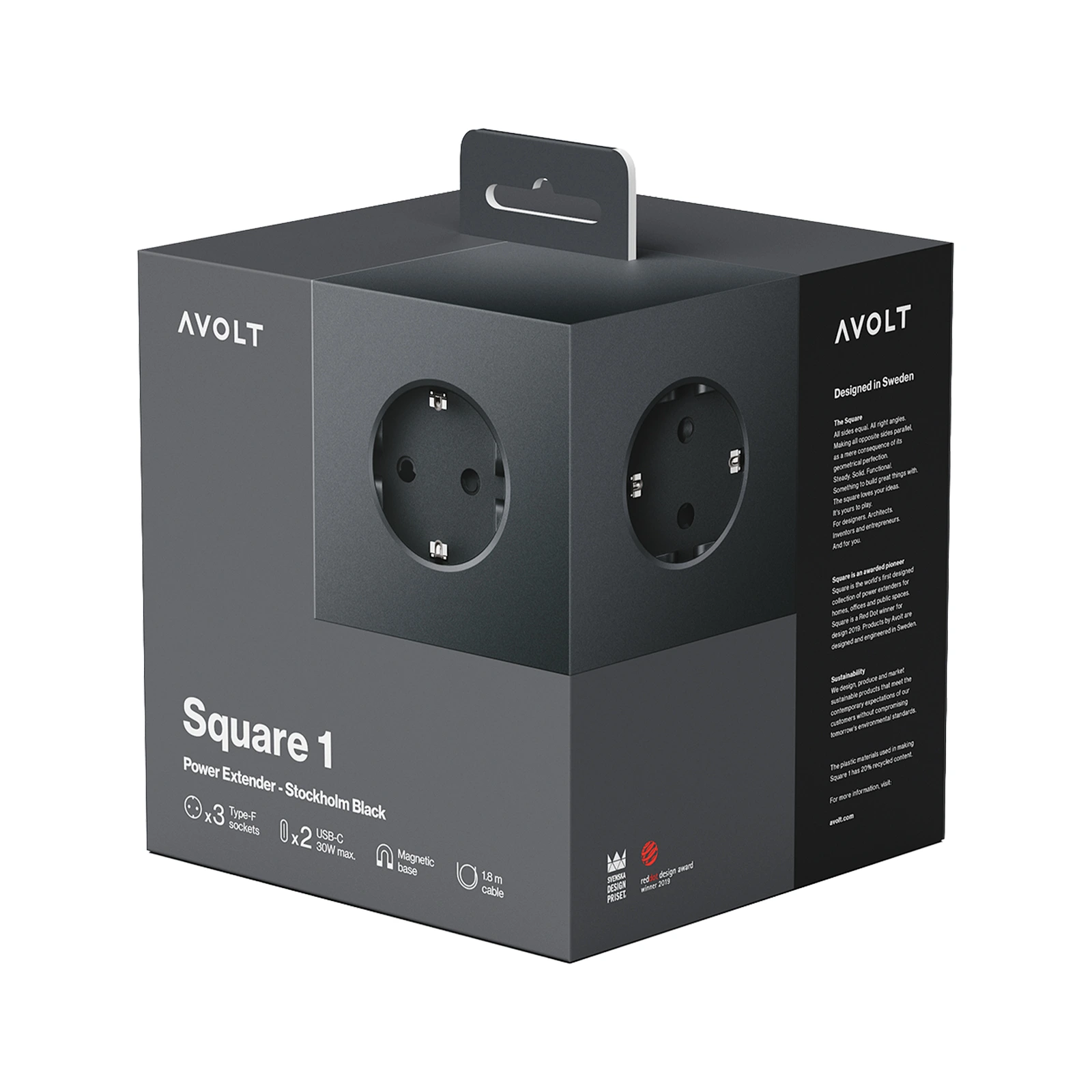 Удлинитель Square One с USB-C и 3 розетками, 1,8 м