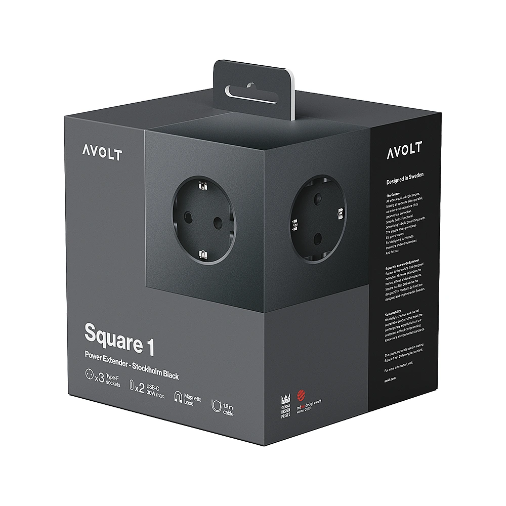 Удлинитель Square One с USB-C и 3 розетками, 1,8 м от Avolt