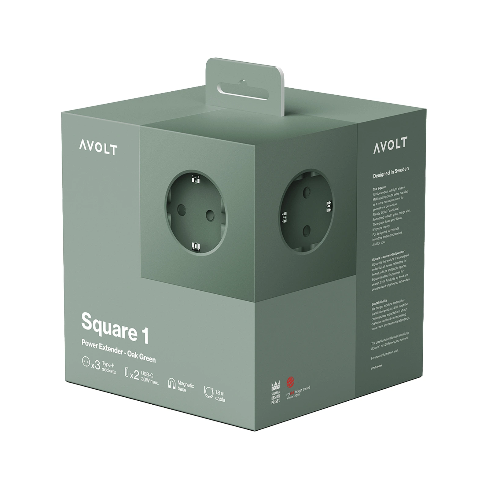 Удлинитель Square One с USB-C и 3 розетками, 1,8 м