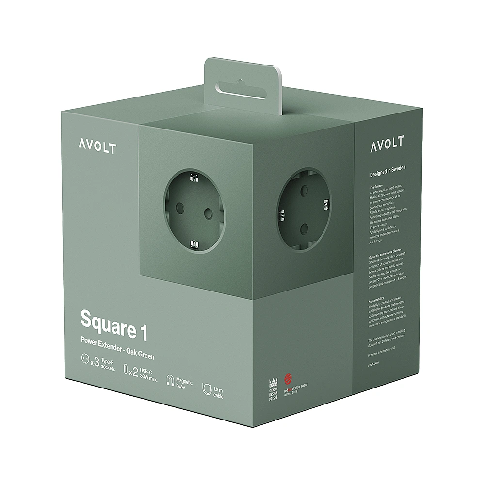 Удлинитель Square One с USB-C и 3 розетками, 1,8 м от Avolt