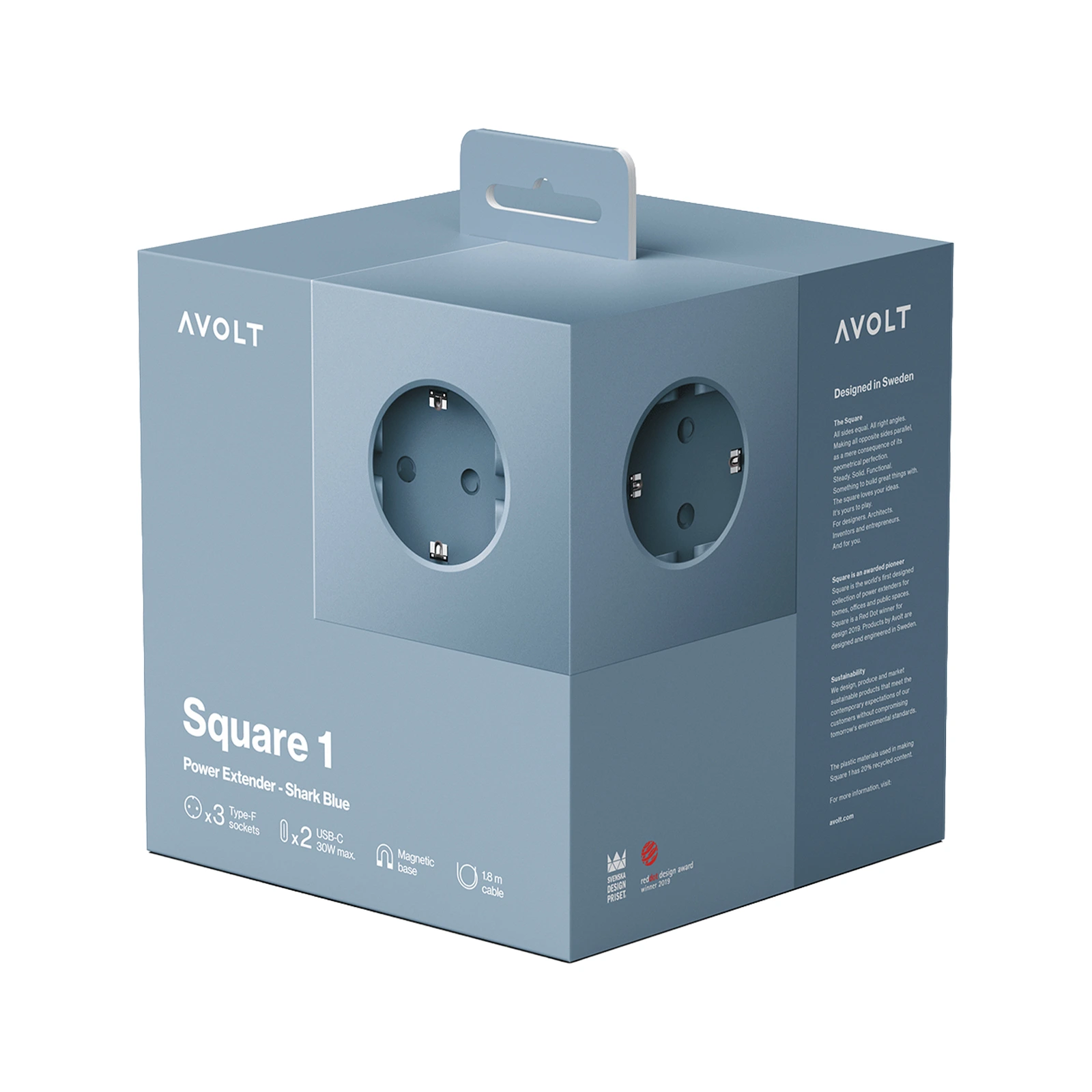 Удлинитель Square One с USB-C и 3 розетками, 1,8 м