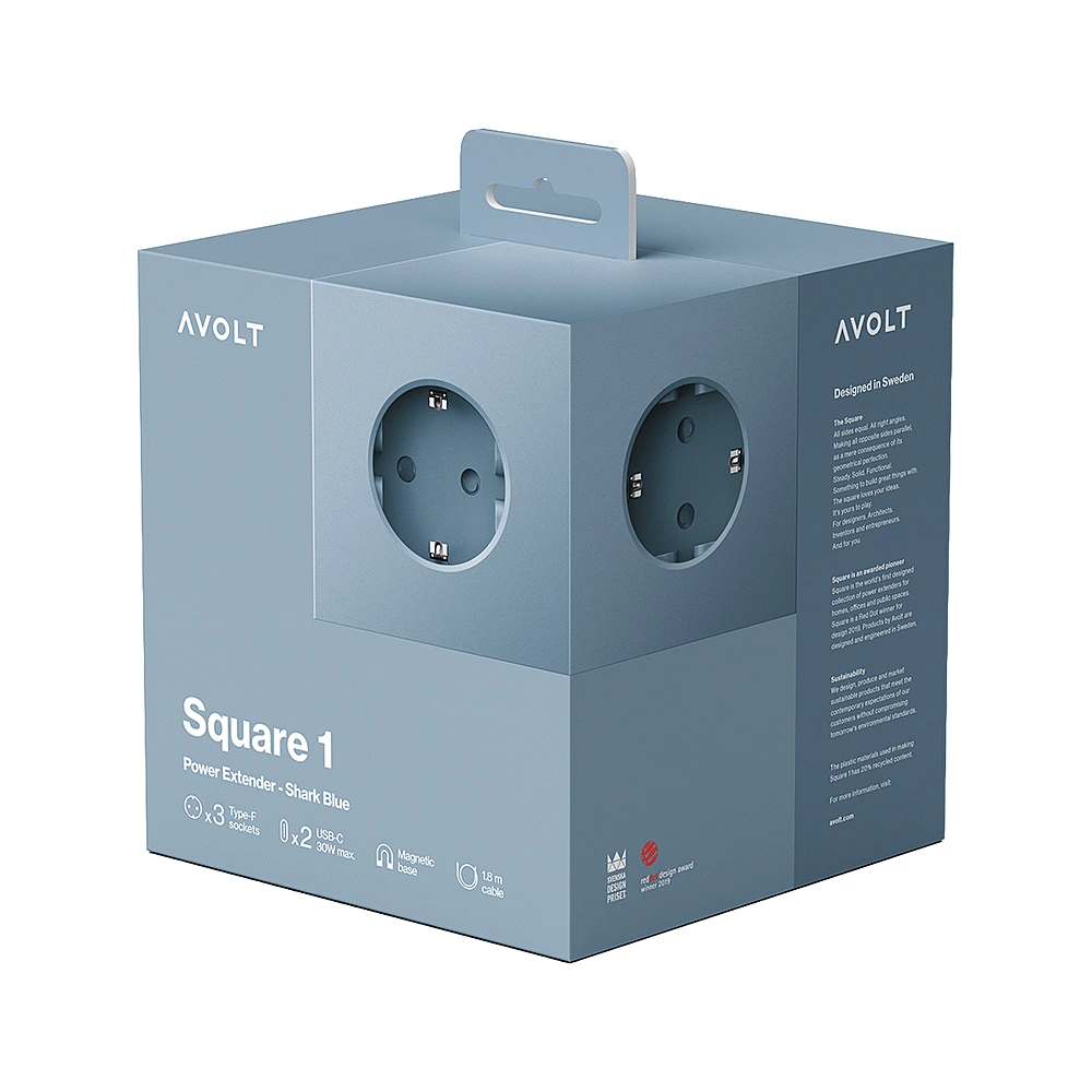 Удлинитель Square One с USB-C и 3 розетками, 1,8 м от Avolt