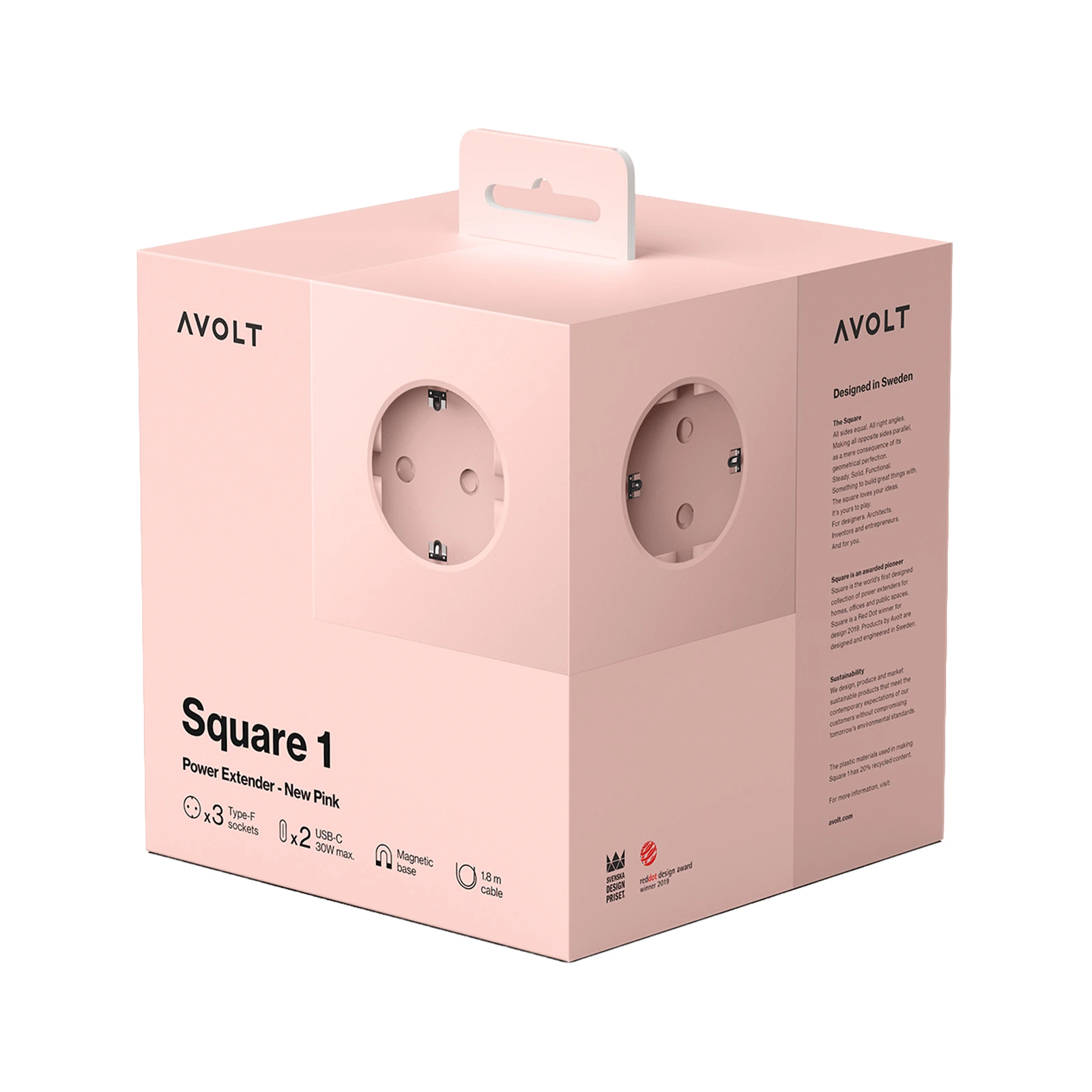 Удлинитель Square One с USB-C и 3 розетками, 1,8 м