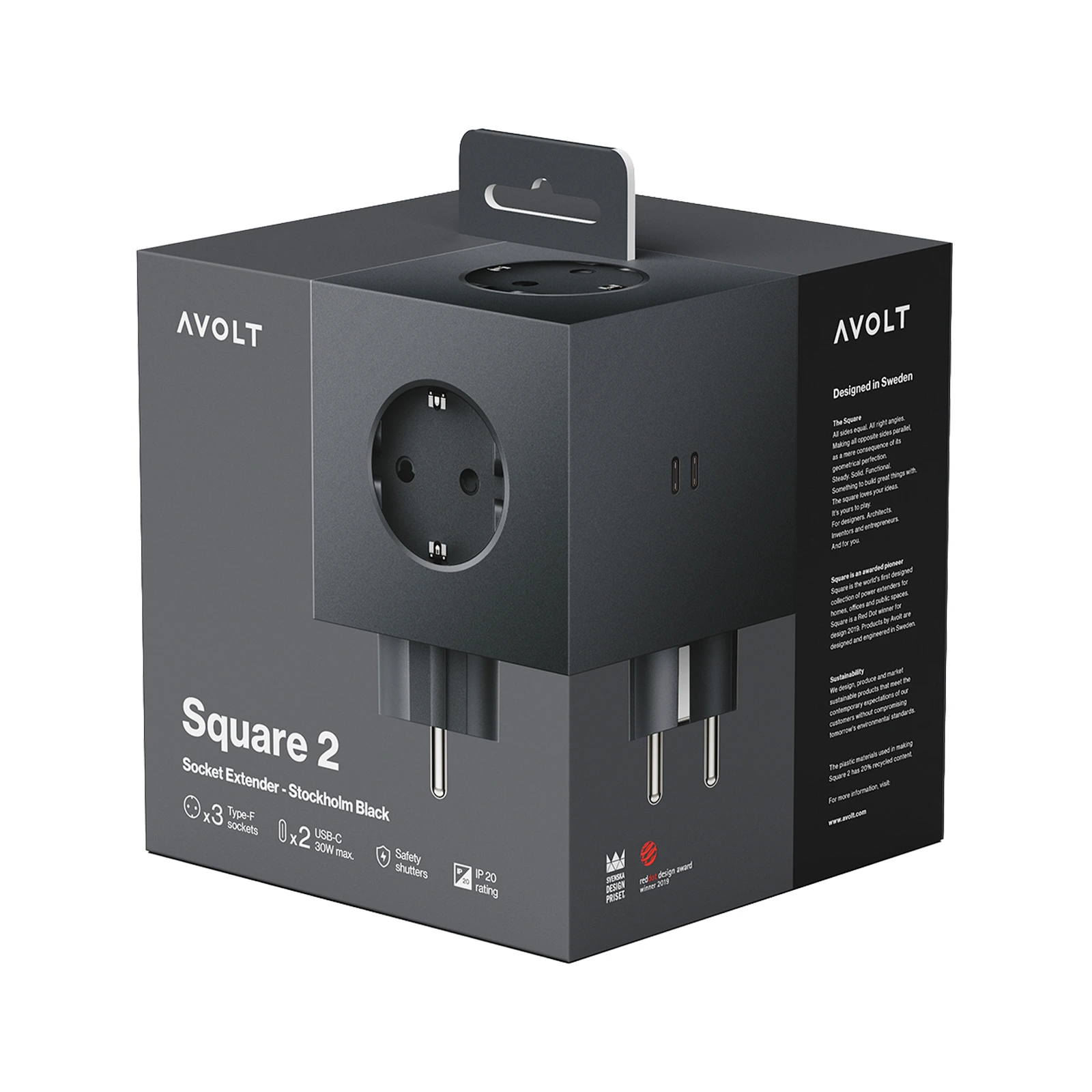 Разветвитель Square Two с USB-C и 3 розетками, 7,5х7,5 см