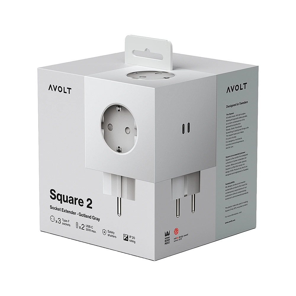 Разветвитель Square Two с USB-C и 3 розетками, 7,5х7,5 см от Avolt