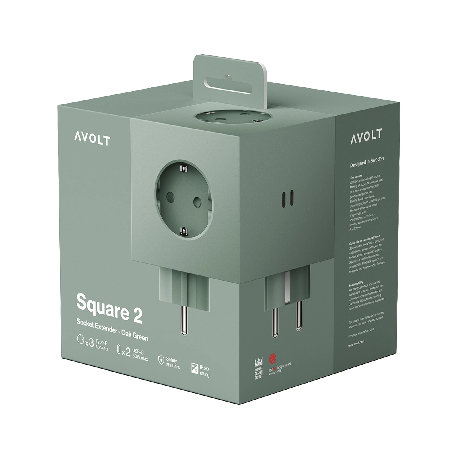 Разветвитель Square Two с USB-C и 3 розетками, 7,5х7,5 см