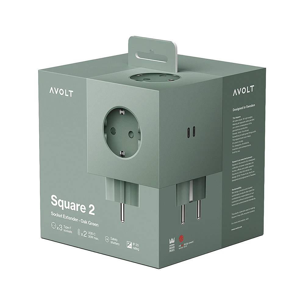 Разветвитель Square Two с USB-C и 3 розетками, 7,5х7,5 см от Avolt