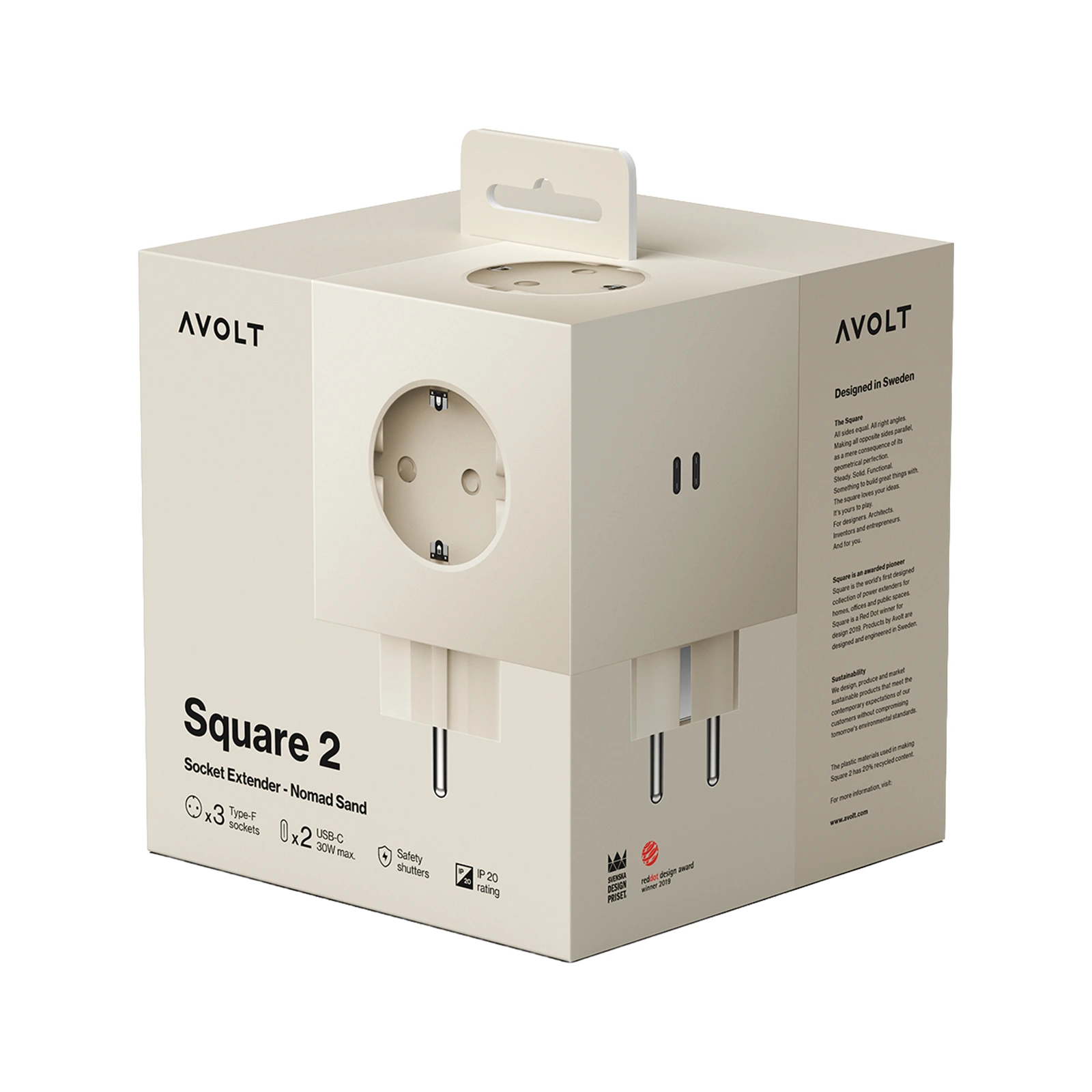 Разветвитель Square Two с USB-C и 3 розетками, 7,5х7,5 см