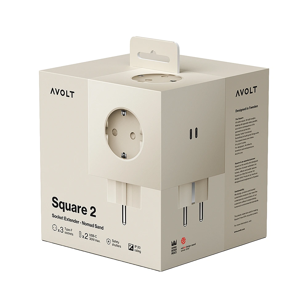 Разветвитель Square Two с USB-C и 3 розетками, 7,5х7,5 см от Avolt