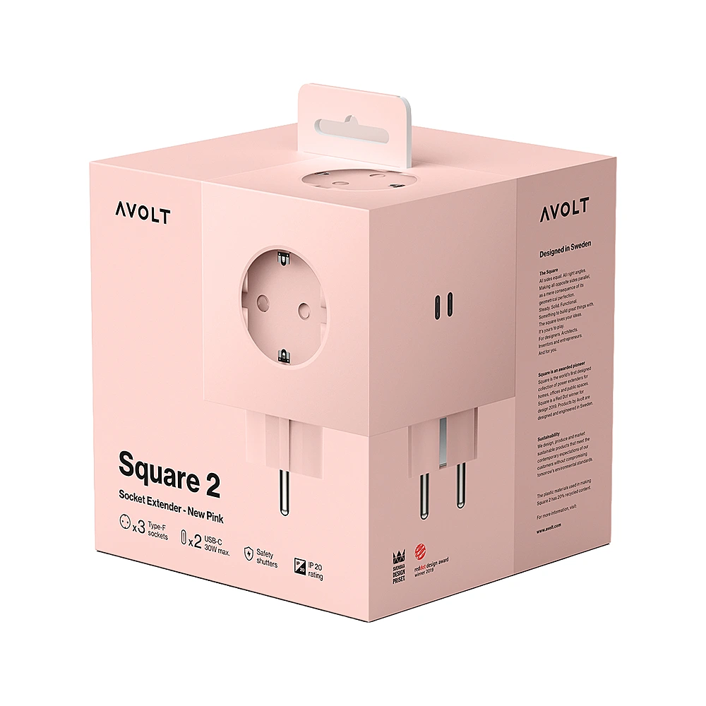 Разветвитель Square Two с USB-C и 3 розетками, 7,5х7,5 см от Avolt